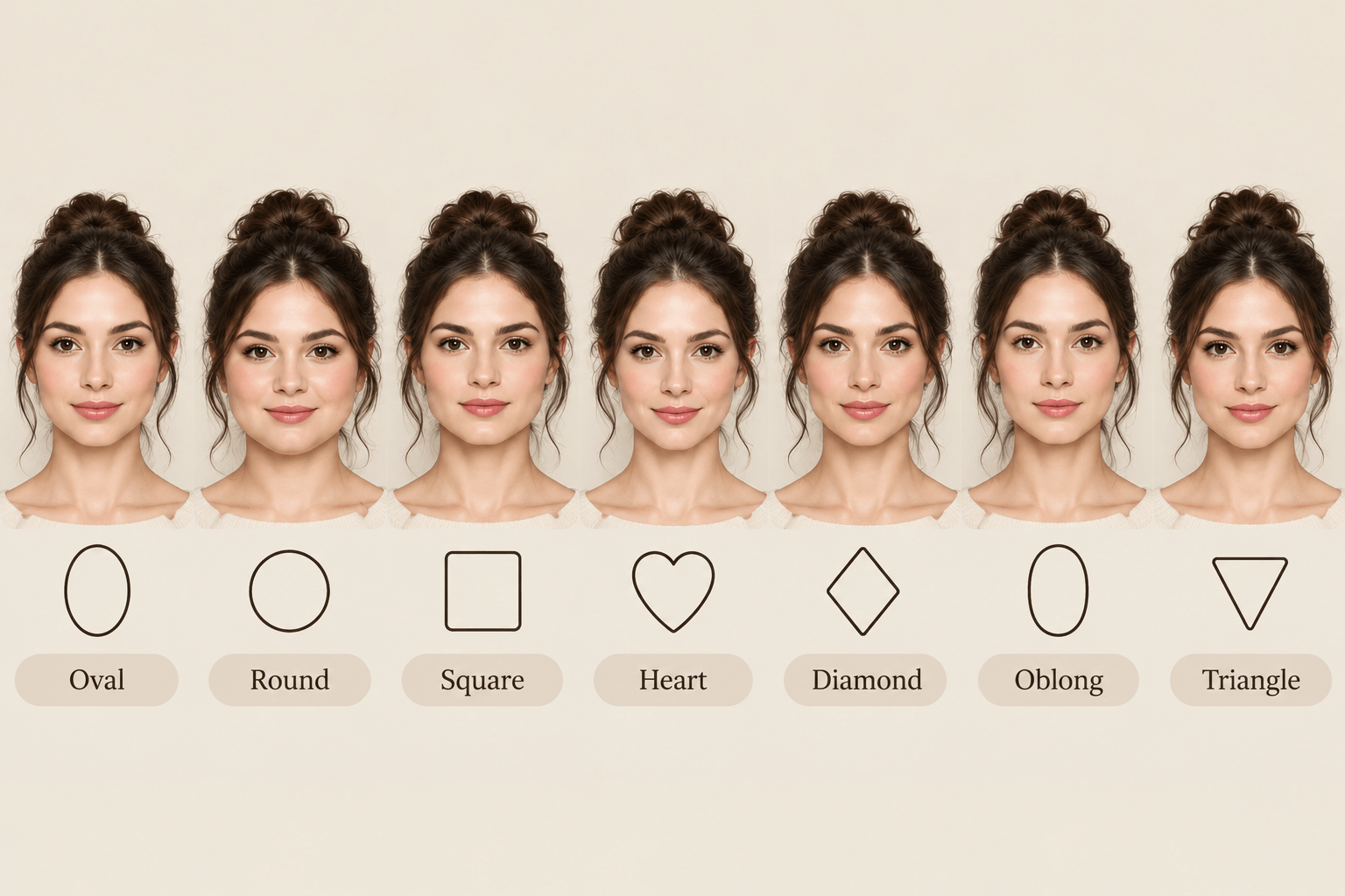 Face Shape Chart eference chart showing the seven face shapes, oval, round, square, heart, diamond, oblong, and triangle, with corresponding outline icons
