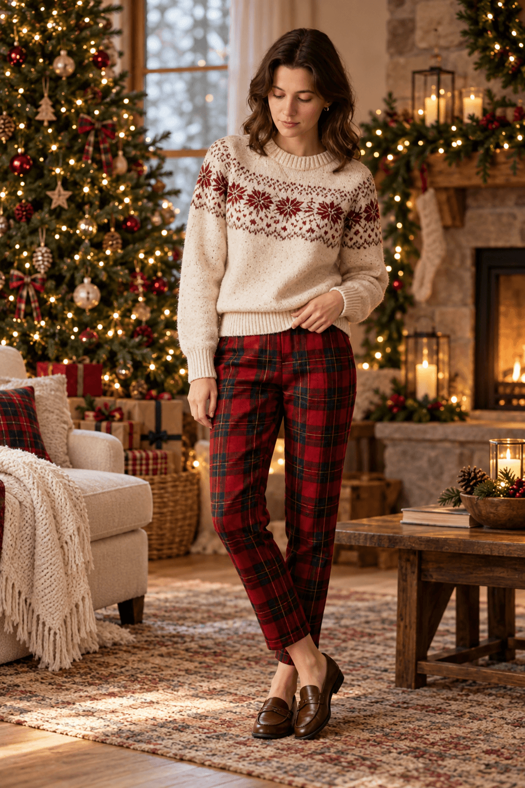 Fair Isle Sweater with Plaid Trousers Black Lace Dress with Tights and Loafers