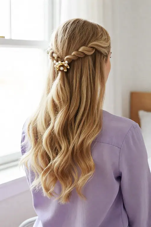 Five-Minute Twist-Back Simple twist-back hairstyle secured with a decorative clip