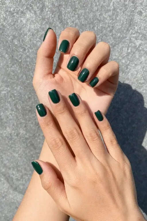Forest Green Gloss Short square nails with glossy forest green polish for late fall nail ideas
