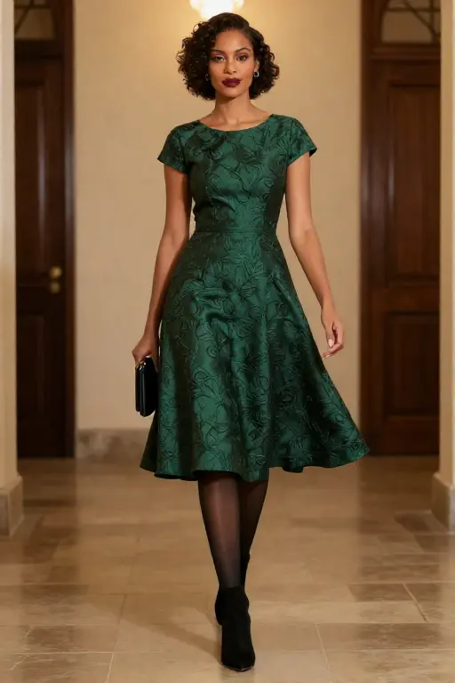 Forest Green Jacquard A Line Dress with Black Tights and Heeled Booties Forest green jacquard A line dress styled with sheer black tights and heeled ankle boots for a winter wedding