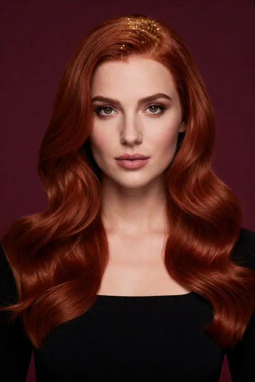 Glitter Roots Holiday hairstyle with gold glitter along the hair part