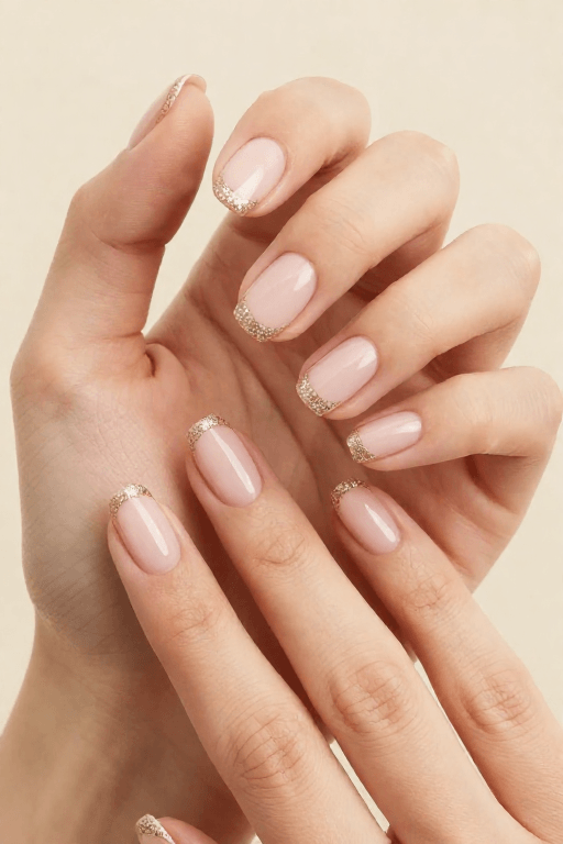 Glitter Tip: Short round clear pink nails with fine glitter on the tips