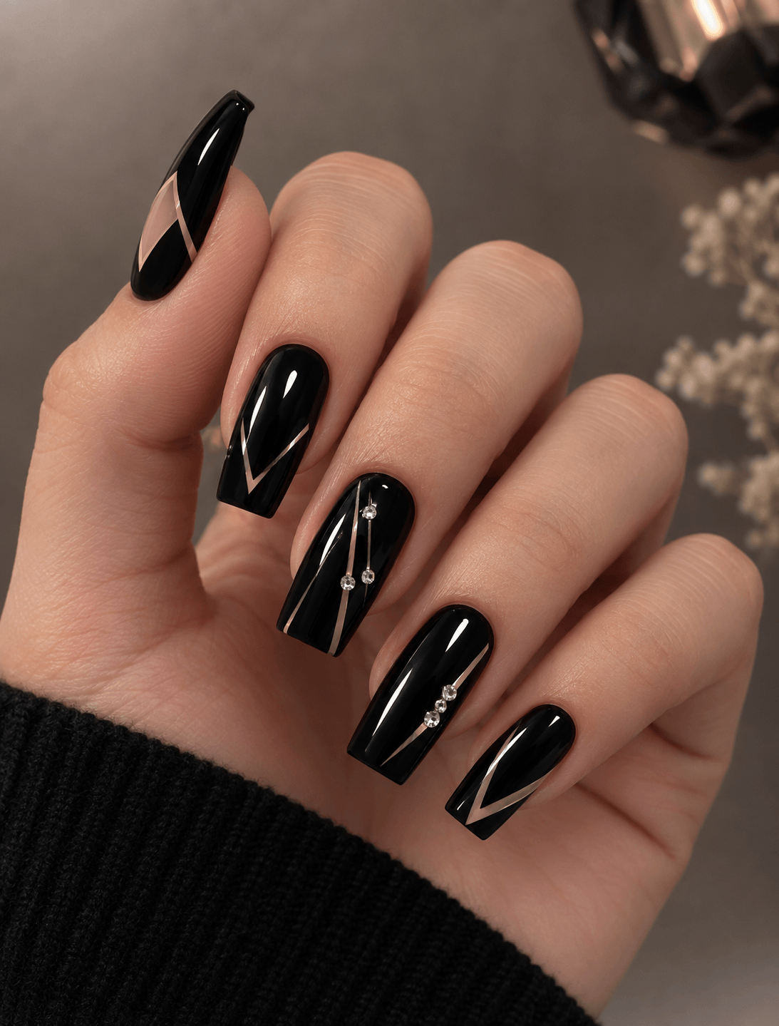 Glossy Black Geometric Rhinestone Nails Glossy Black With Rose Gold Lines and Gems