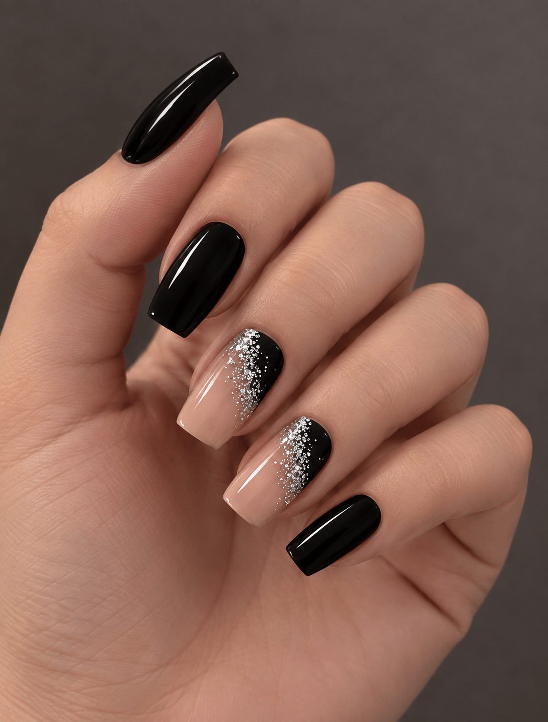 Glossy Black and Glitter French Manicure Black and Nude With Silver Glitter Fade