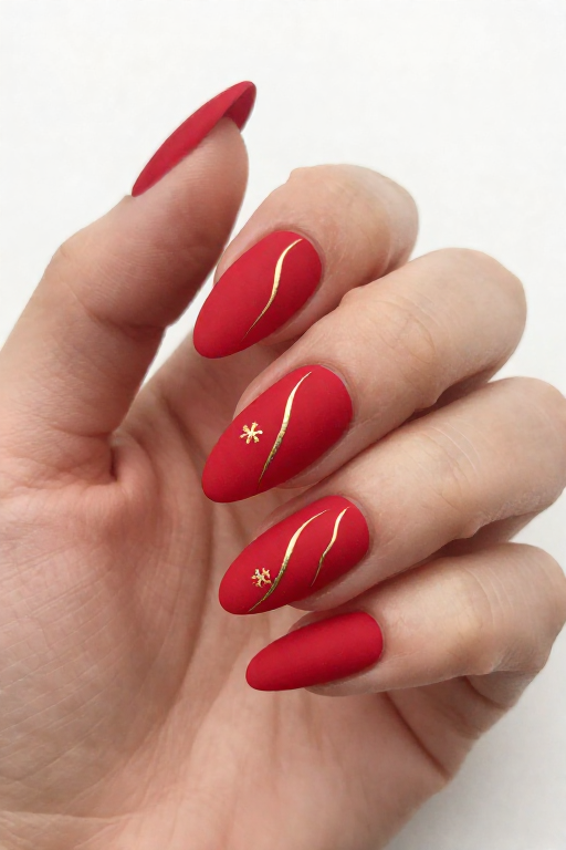 Gold Flowing Lines on Matte Red Gold Flowing Lines on Matte Red Christmas Nail