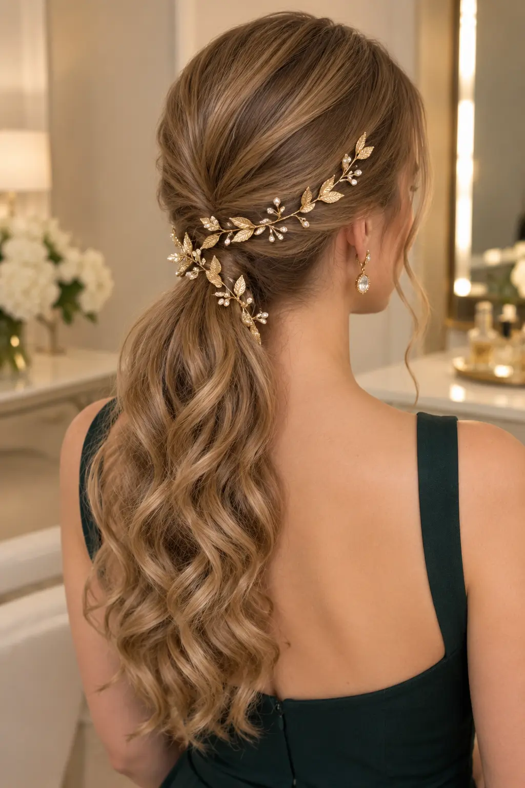Gold Leaf Hair Vine Low twisted updo decorated with a delicate gold leaf hair vine