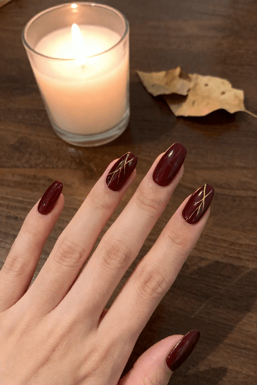 Gold Leaf Veins on Deep Burgundy Gold Leaf Veins on Deep Burgundy Thanksgiving Nail