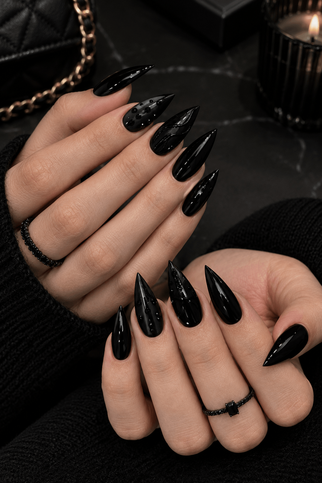 Gothic Luxe Black Stiletto Manicure Black on Black Texture NAIL design