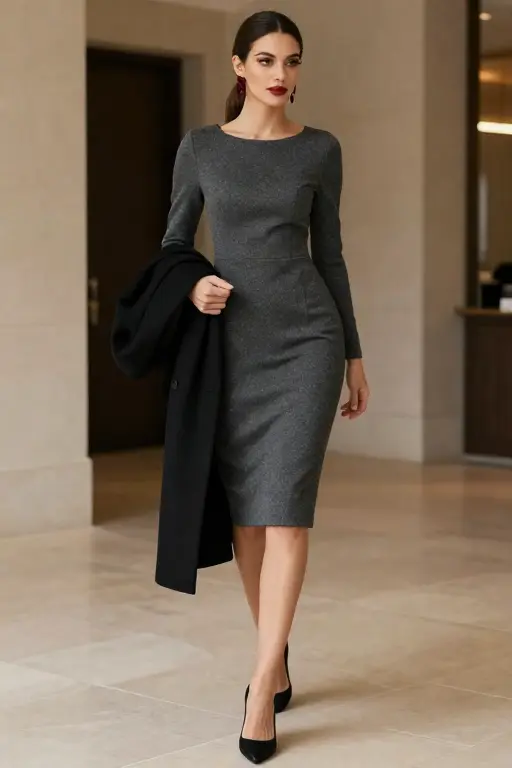 Gray Wool Crepe Sheath Dress with Long Sleeves Charcoal gray wool crepe sheath dress with long sleeves, black pointed pumps and a tailored wool coat
