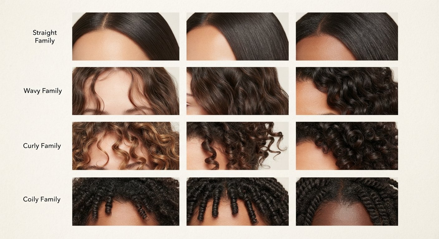Hair type chart Hair type chart showing the four curl pattern families straight, wavy, curly, and coily hair, with close-up examples of each texture from root to ends