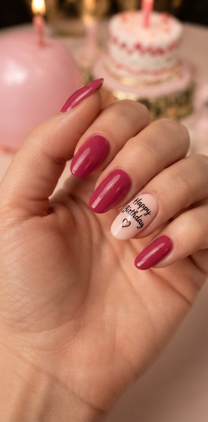 Happy Birthday Script on Raspberry Nails Happy Birthday Script on Raspberry Nails