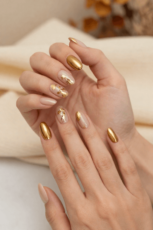 Honey Gold Chrome With Leaf Foil Honey Gold Chrome With Leaf Foil Nails
