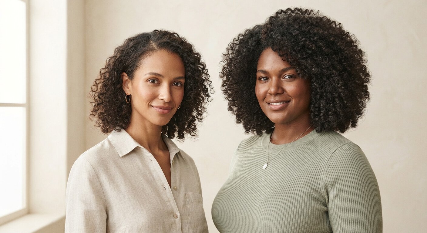 How to Choose a Haircut Two women with curly hair showing different hair density, same curl type with noticeably different amounts of hair