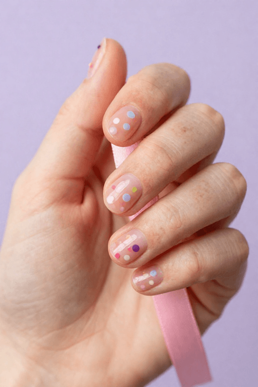 Jelly Dots: Short round clear nails with glossy candy-colored jelly dots