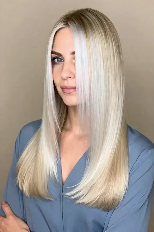 Light Blonde with a Brighter Money Piece Light blonde hair with brighter icy platinum money piece highlights