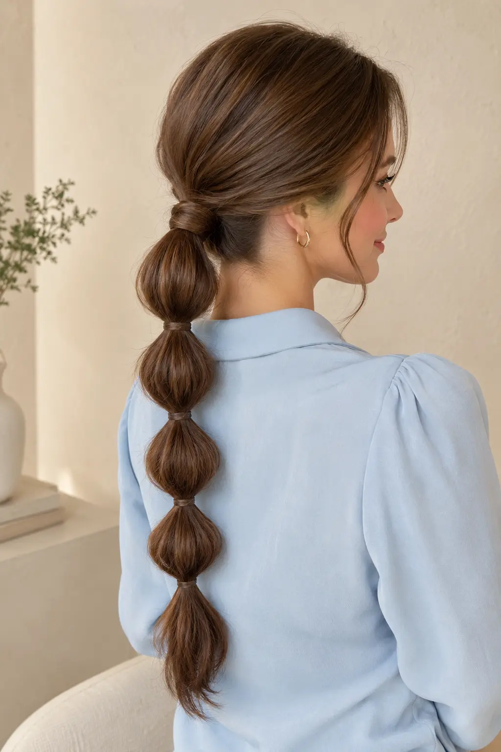 Low Bubble Ponytail Sleek low bubble ponytail with a wrapped hair tie on long chestnut brown hair