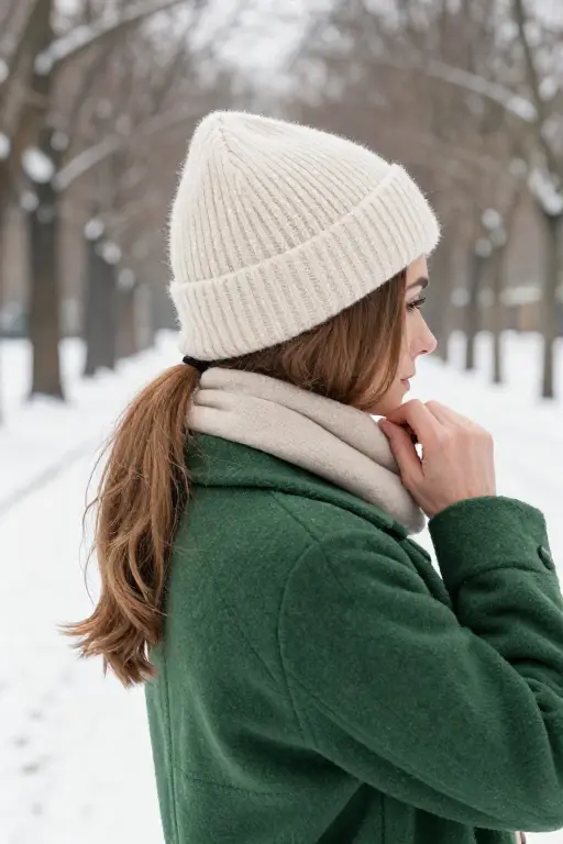 Low Ponytail Under a Beanie Low ponytail tucked beneath a cream beanie for a winter outing