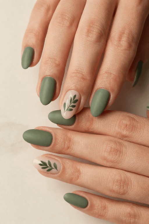 Matte Olive With One Leaf Nail Matte Olive With One Leaf Nail