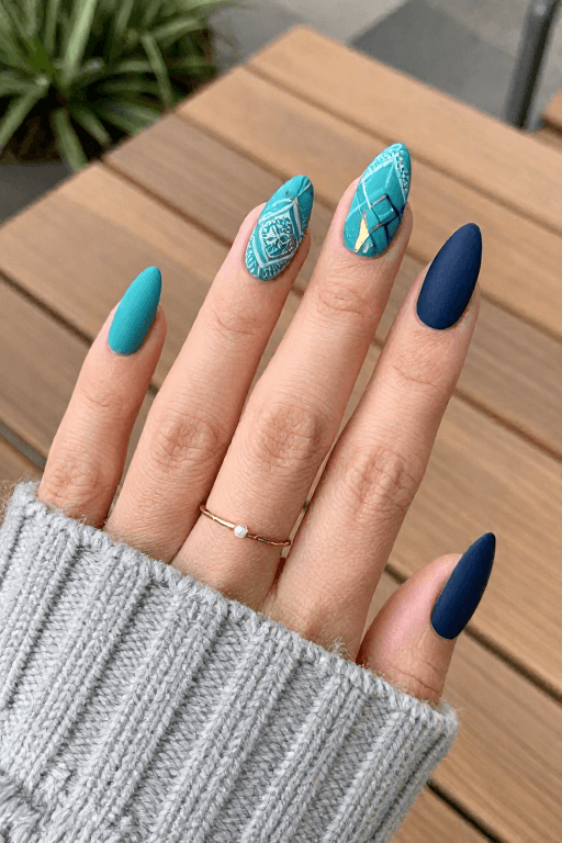 Matte Teal and Navy Nails Matte Teal and Navy Nails
