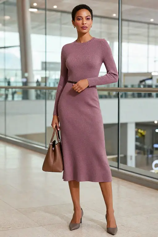 Mauve Fine Knit Midi Dress with a Thin Belt Mauve fine knit midi dress with long sleeves, a slim brown belt and pointed flats for a winter wedding guest look