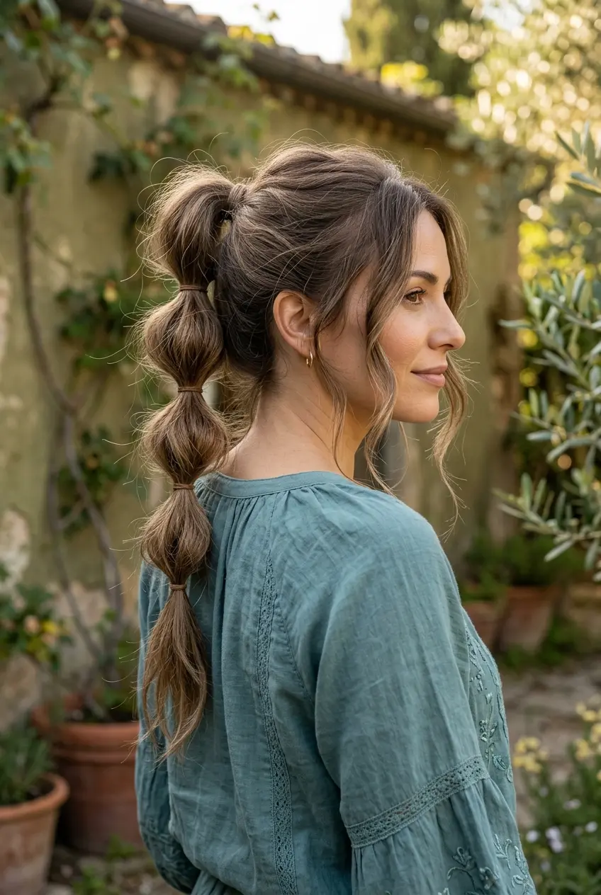 Messy Bubble Ponytail Woman with long brown hair styled in a messy bubble braid hairstyle wearing a teal top