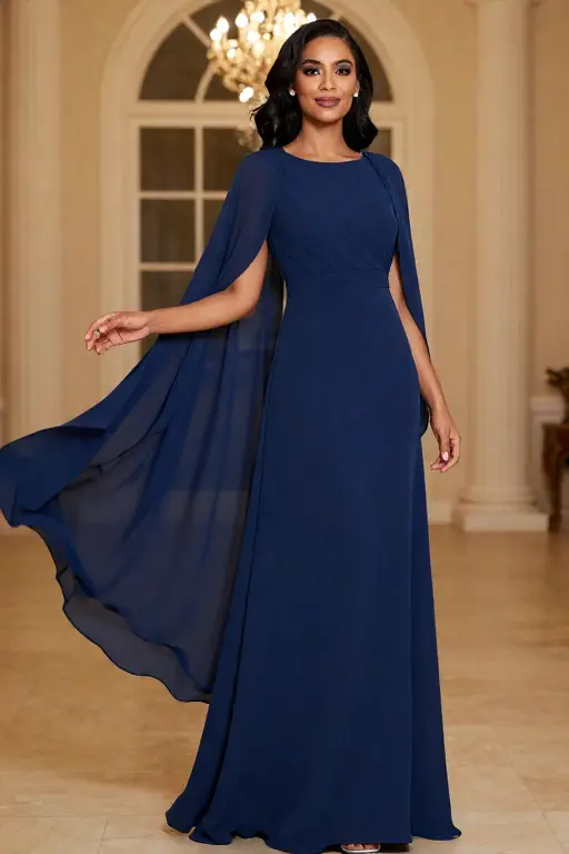 Midnight Blue Chiffon Gown with Cape Sleeves Midnight blue chiffon floor length gown with flowing cape sleeves for a formal winter wedding guest look