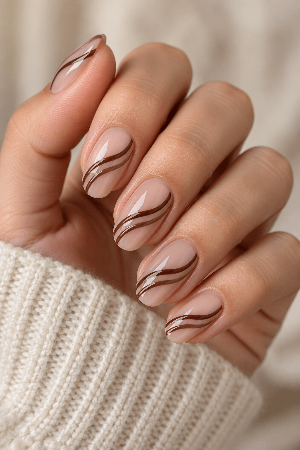 Mocha Wave Lines on Sheer Nude Mocha Wave Lines on Sheer Nude Thanksgiving Nail