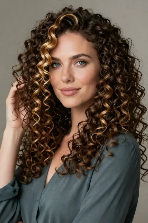 Money Piece on Curly Hair Dark brown curly hair with honey blonde money piece highlights