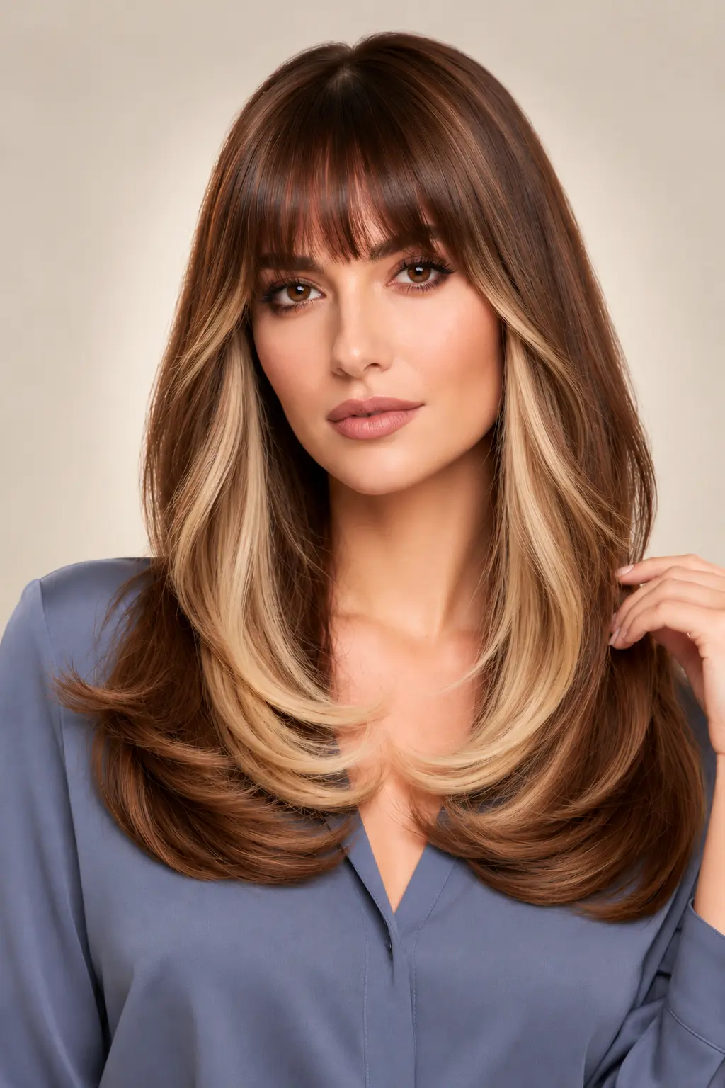 Money Piece with Bangs Brunette curtain bangs with beige blonde money piece highlights