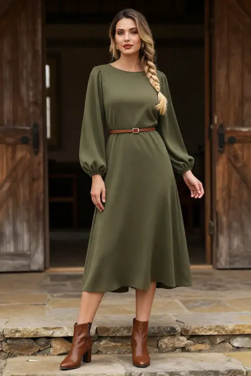 Olive Midi Dress with Bishop Sleeves and Heeled Ankle Boots Olive green midi dress with bishop sleeves, a slim belt and heeled ankle boots for a winter wedding guest outfit.