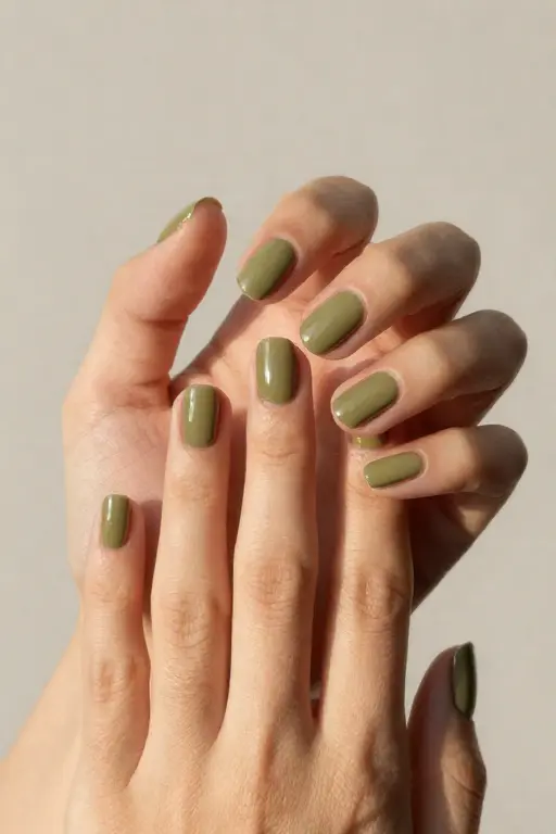 Olive Moss Short square nails painted in a glossy olive green shade for late fall nails