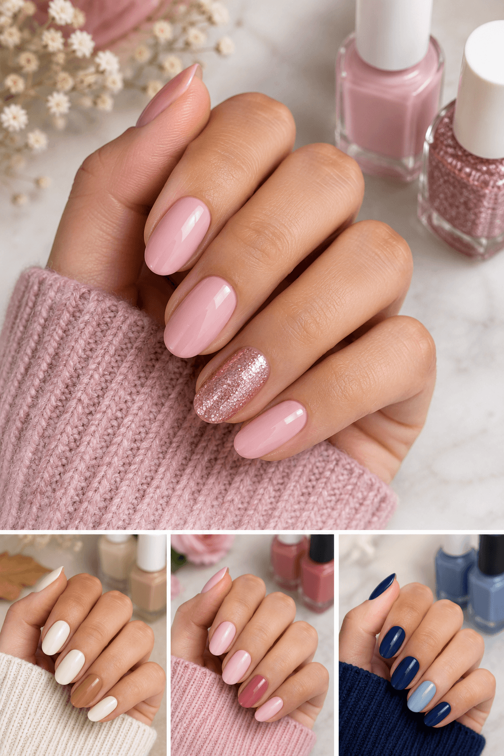 One Accent Nail One Accent Nail: Medium round cream nails with a tan accent nail on each ring finger