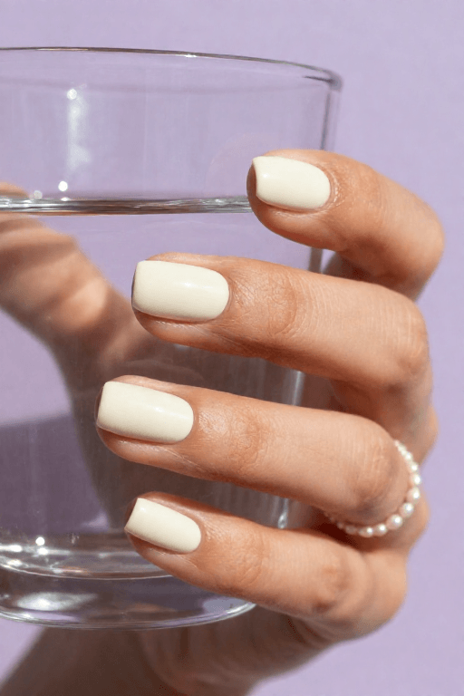 Round nails in opaque milky white with a creamy finish