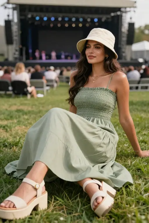 Outdoor Concert Outfit Ideas for Amphitheaters and Festivals Smocked Maxi Dress with Platform Sandals and a Bucket Hat