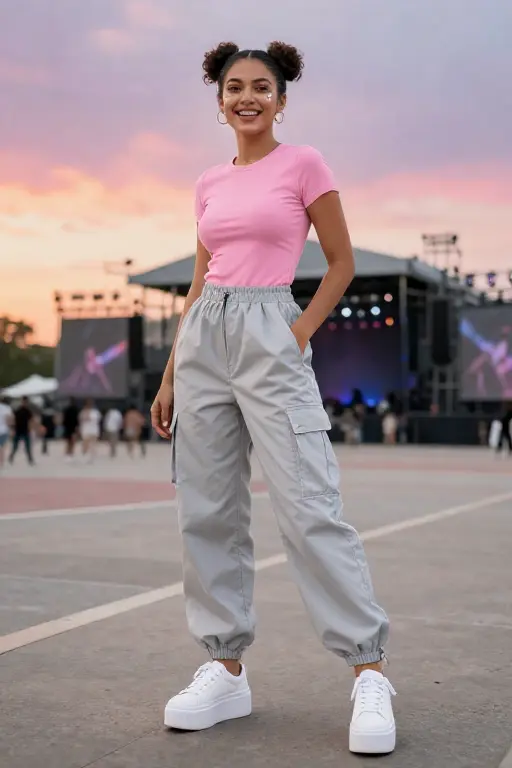 Parachute Pants with a Fitted Baby Tee and Platform Sneakers Concert Outfit Parachute Pants with a Fitted Baby Tee and Platform Sneakers