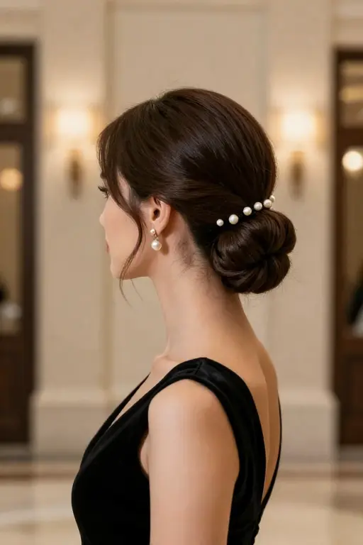 Pearl Pin Low Bun Elegant low bun decorated with pearl pins for a holiday party