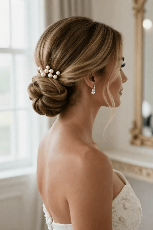 Pearl and Crystal Pin Updo Pearl and Crystal Pin Updo Bridal Hairstyle