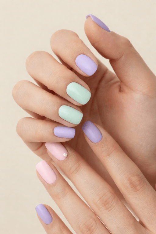 Pearl on Pastel: Short oval pastel lilac nails with one small pearl near the cuticle