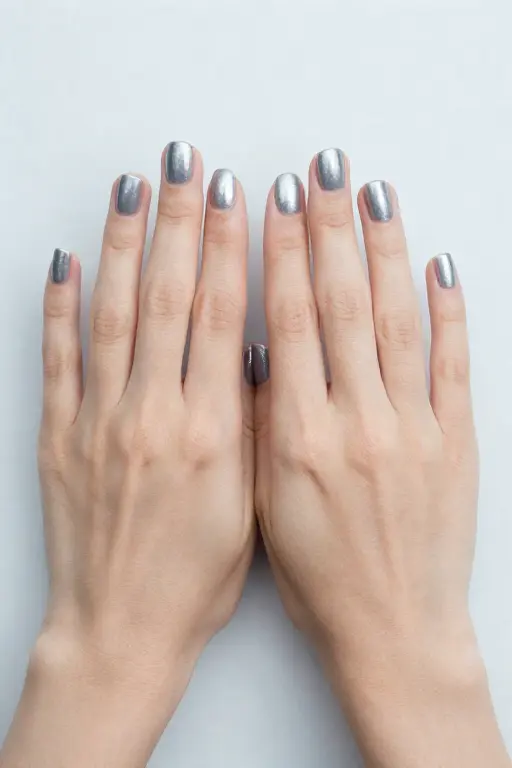 Pewter Short square nails painted with a metallic pewter polish for late fall nail ideas