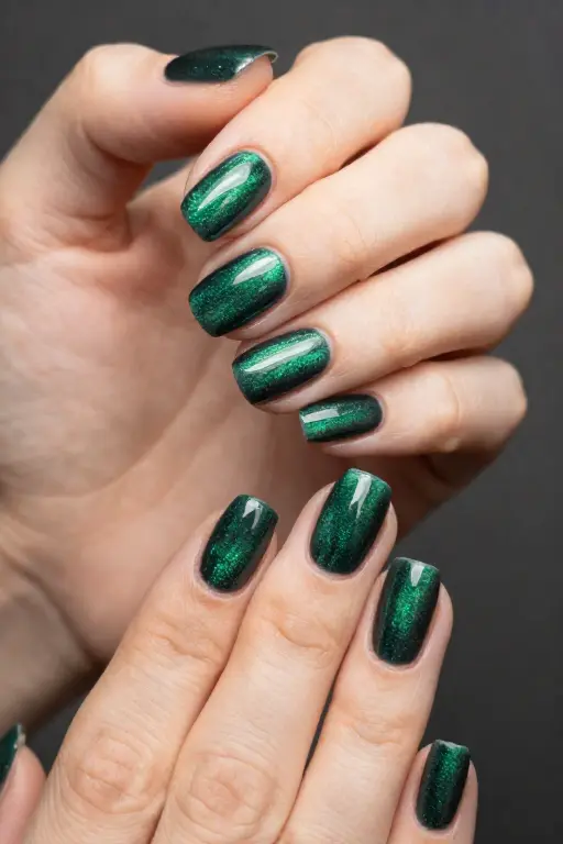 Pine Cat Eye Short square nails featuring a shimmering pine green cat eye polish design for late fall nails