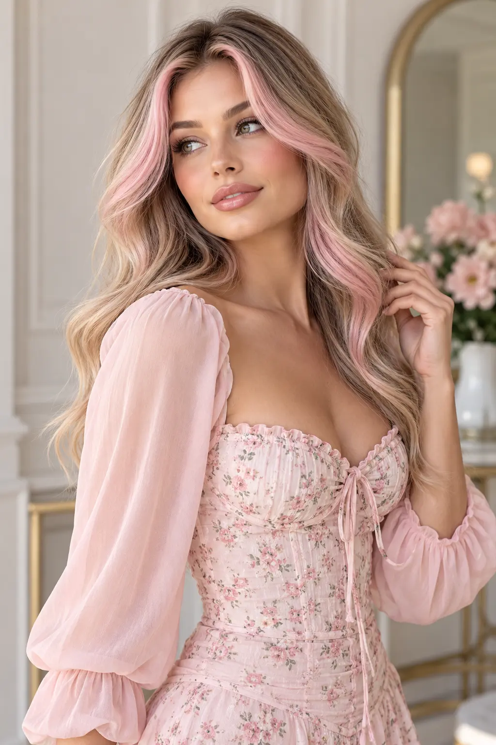 Pink Money Piece Dark brown hair with bright magenta pink money piece highlights