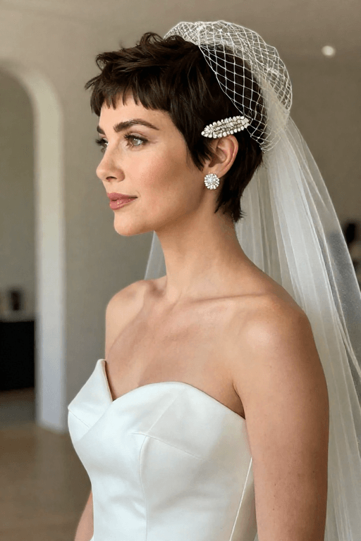 Pixie Cut with a Jeweled Clip Pixie Cut with a Jeweled Clip Bridal Hairstyle