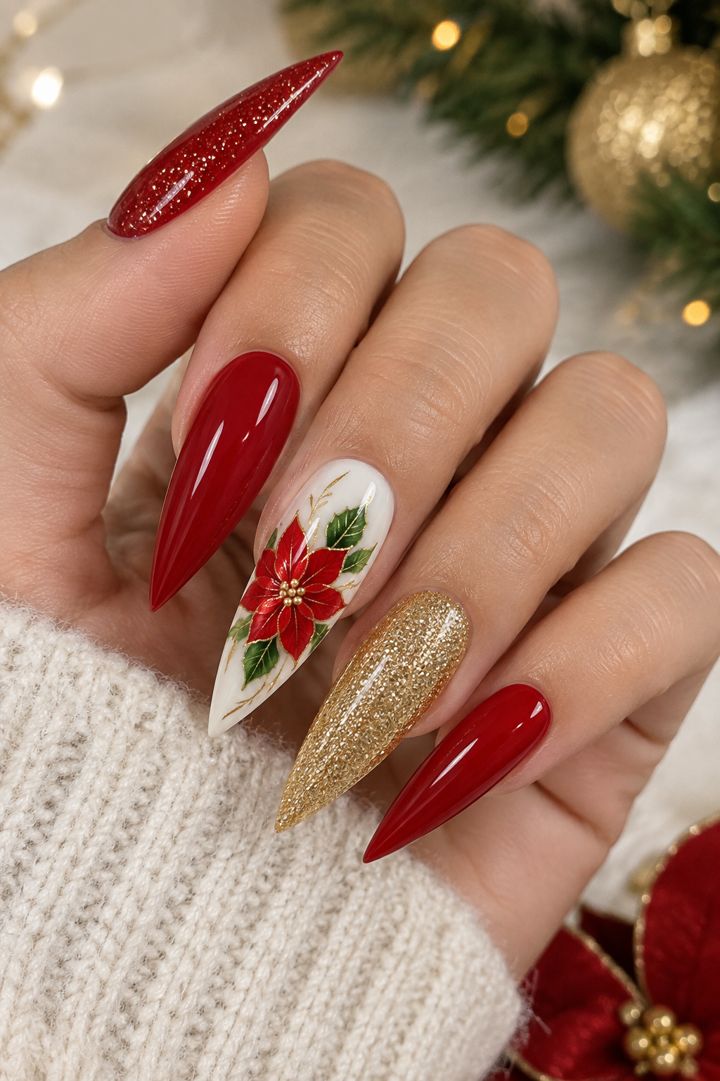 Poinsettia With Gold Lines 5. Poinsettia With Gold Lines Christmas Nail