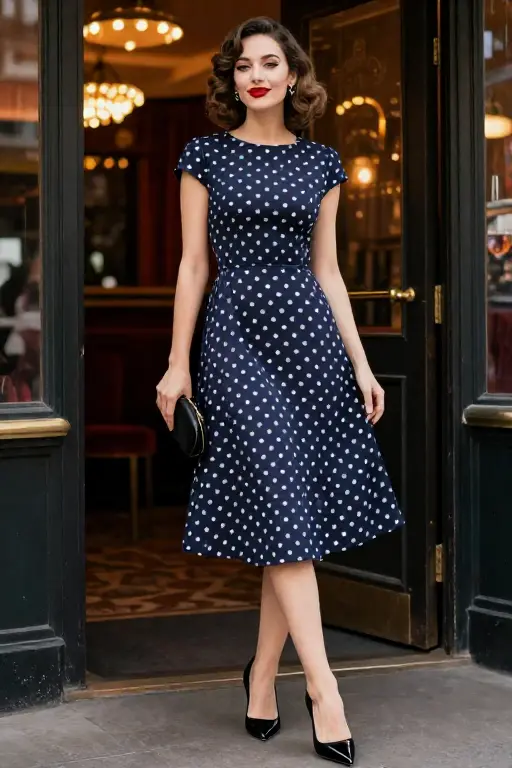 Polka Dot Midi Dress with Kitten Heels Concert Outfit Polka Dot Midi Dress with Kitten Heels