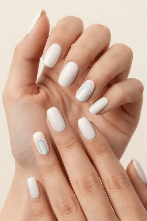 Rainbow Arcs  round milky white nails with a pastel rainbow arc on one accent nail