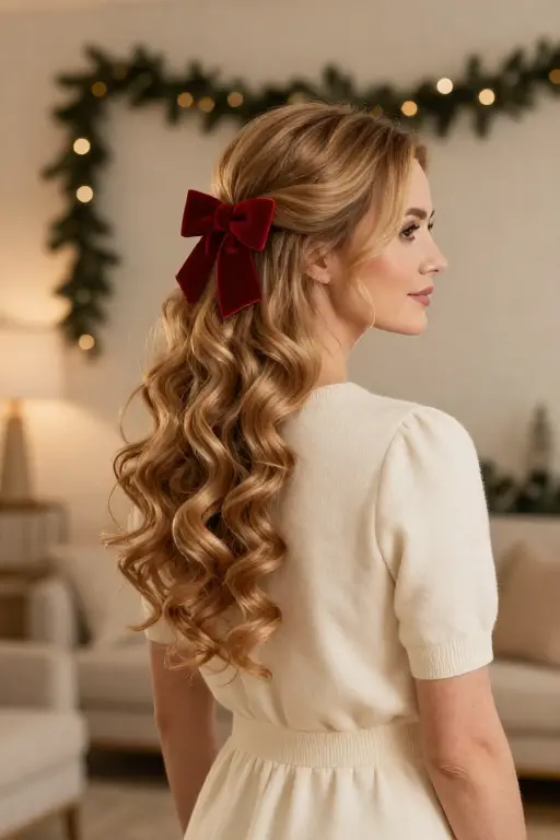 Red Bow Half-Up Hairstyle Half-up holiday hairstyle with a red bow clip and loose waves