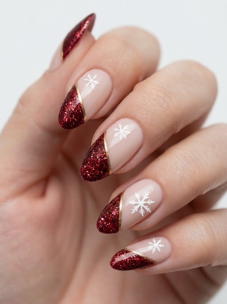 Red Glitter and Milky Nude Split Red Glitter and Milky Nude Split Christmas Nail