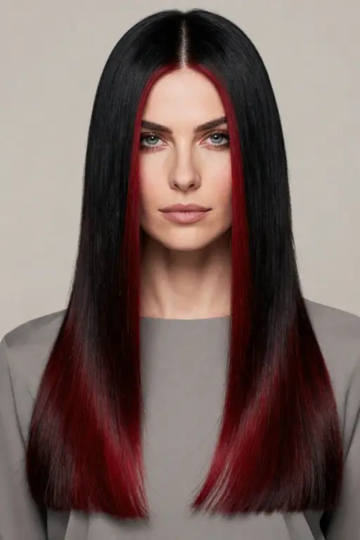 Red Money Piece on Black Hair Jet black hair with vivid cherry red money piece highlights