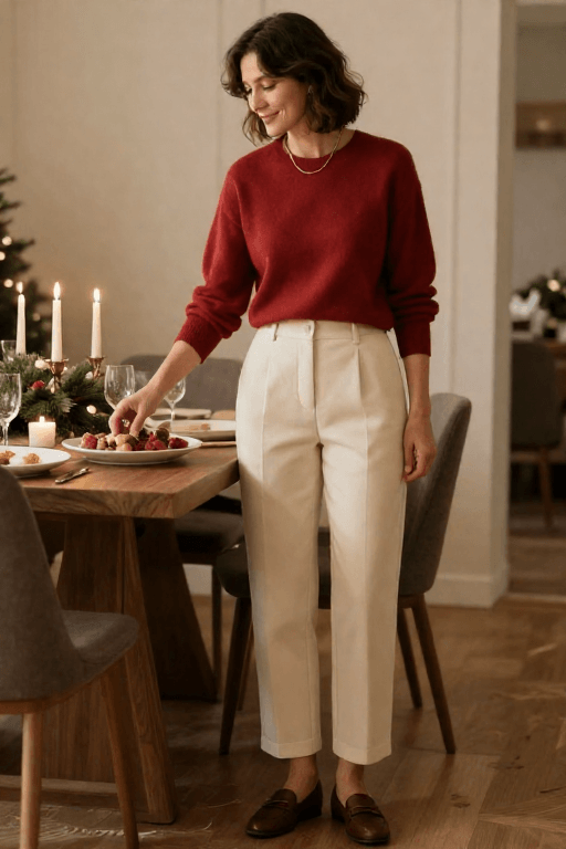 Red Sweater with Cream Trousers Red Sweater with Cream Trousers
